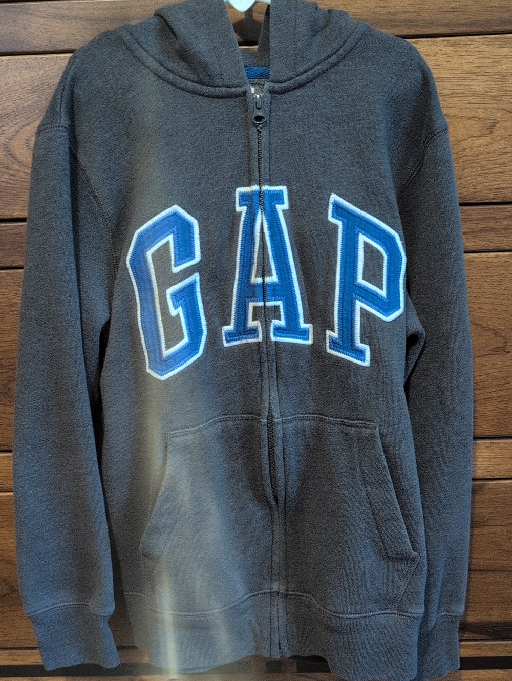 GAP Charcoal Zip Hoodie with Blue Lettering